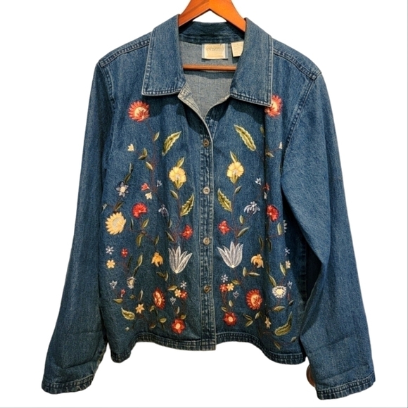Vintage Jackets & Blazers - Vintage New Identity Floral Embroidered Denim Jean Jacket 80s 90s Size Large